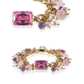 Tessin Gliederarmband mit 24K Gold, echten Perlen, Rosenquarz & Amethyst