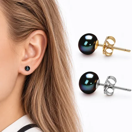 Classique – Süßwasserperlen-Ohrstecker Schwarz, 7,5–8 mm