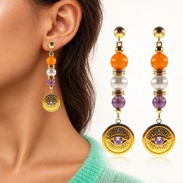 Anthea – 24K Ohrhänger mit Süßwasserperlen, Chalcedony und Amethyst