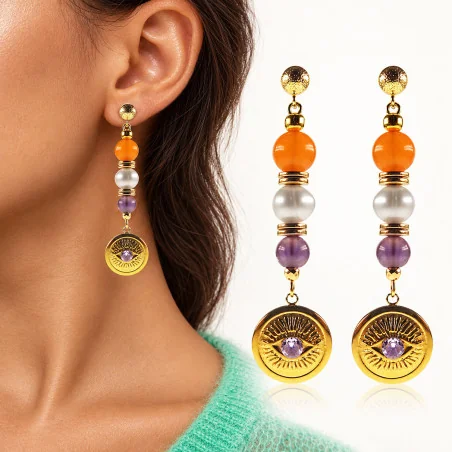 Anthea – 24K Ohrhänger mit Süßwasserperlen, Chalcedony und Amethyst
