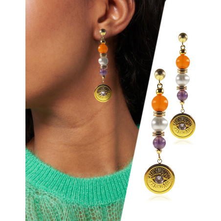 Anthea – 24K Ohrhänger mit Süßwasserperlen, Chalcedony und Amethyst