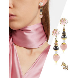 Rose dorée – 18K Ohrhänger mit Süßwasserperlen, Rosenquarz und Onyx