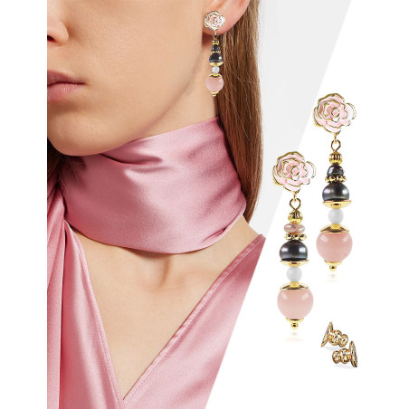 Rose dorée – 18K Ohrhänger mit Süßwasserperlen, Rosenquarz und Onyx