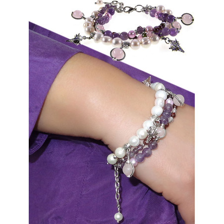 Beau – 3-reihiges Armband mit Süßwasserperlen, Granat, Amethyst und Rosenquarz
