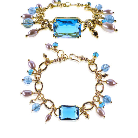 Lagune 24K Gliederkette-Armband,Blautopas,Süßwasserperlen