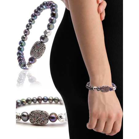 Babylone – Flex-Armband mit grauen Süßwasserperlen und funkelndem Mittelteil, 6–6,5 mm