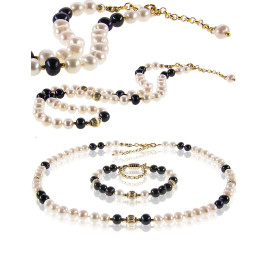 Élégance 2-tlg.Set Perlenkette & Perlenarmband, Weiß-Schwarz – Schmucksets – Ansicht 4