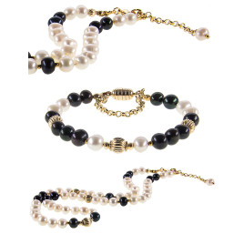 Élégance 2-tlg.Set Perlenkette & Perlenarmband, Weiß-Schwarz – Schmucksets – Ansicht 6