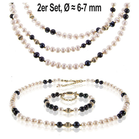 Élégance 2-tlg.Set Perlenkette & Perlenarmband, Weiß-Schwarz – Schmucksets – Ansicht 1