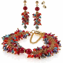 Corail royal 2-tlg. Luxus Set, Süßwasserperlen Ohrhänger & Armband, Glaskristallen, 14K Gold – Schmucksets – Ansicht 1