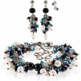 Onyx Noir 2-tlg. Luxus Set, Perlen Armband & Ohrhänger, Glaskristallen, Edelstahl – Schmucksets – Ansicht 1