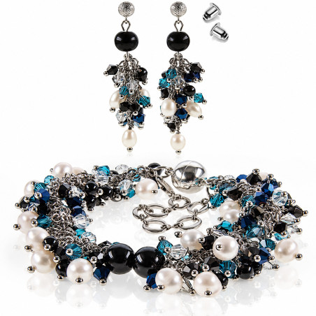 Onyx Noir 2-tlg. Luxus Set, Perlen Armband & Ohrhänger, Glaskristallen, Edelstahl – Schmucksets – Ansicht 1