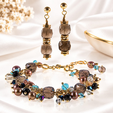 Force de vie 2-tlg.Set, Rauchquarz Ohrhänger & Armband mit Süßwasserperlen – Schmucksets – Ansicht 1