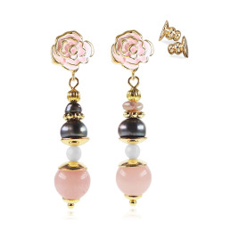 Rose dorée 18K Ohrhänger mit Süßwasserperlen, Rosenquarz, Onyx – Inspirationen – Ansicht 1