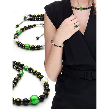 Jade noir – 2-teiliges Set mit Halskette und Armband, Jade und Muranoglas