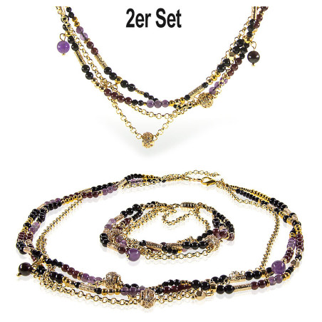 Améthyste 2-tlg.Set,14K Collier und Armband, Granat, Amethyst, Onyx – Schmucksets – Ansicht 1
