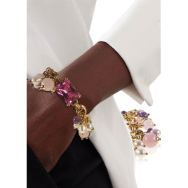 Tessin – Gliederarmband mit Süßwasserperlen, Rosenquarz und Amethyst, 24K vergoldet