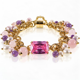 Tessin Gliederarmband mit 24K Gold, echten Perlen, Rosenquarz & Amethyst – Armbänder – Ansicht 1